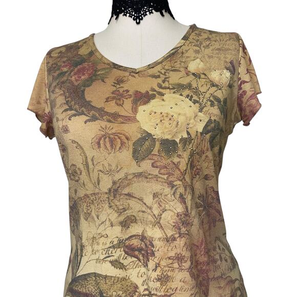 VTG Y2K 90's Xcit U.S.A Floral Rose Bedazzled Baby Tee - Picture 2 of 12